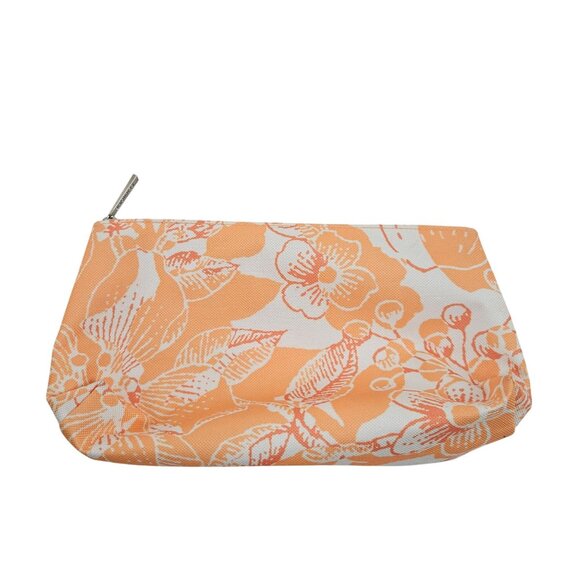 Clinique Makeup Cosmetic Pouch Floral Orange White Canvas Silver Zipper Pull - Picture 4 of 7